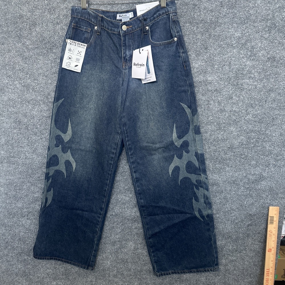 NWT Refrain Los Angeles Wide Legs Size 5/27 Luxe Denim Tribal Tattoo Design Y2K
